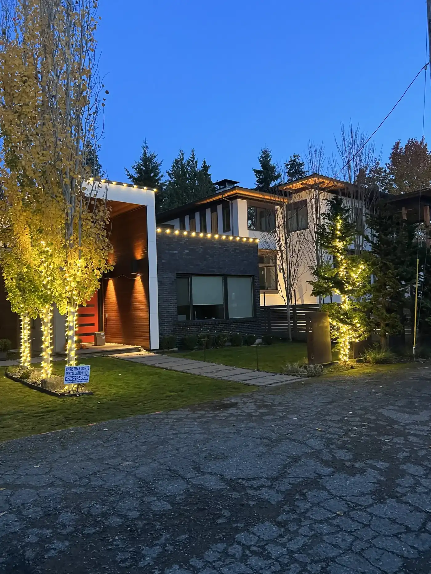 Modern Bellevue home with warm white Christmas lights and tree uplighting