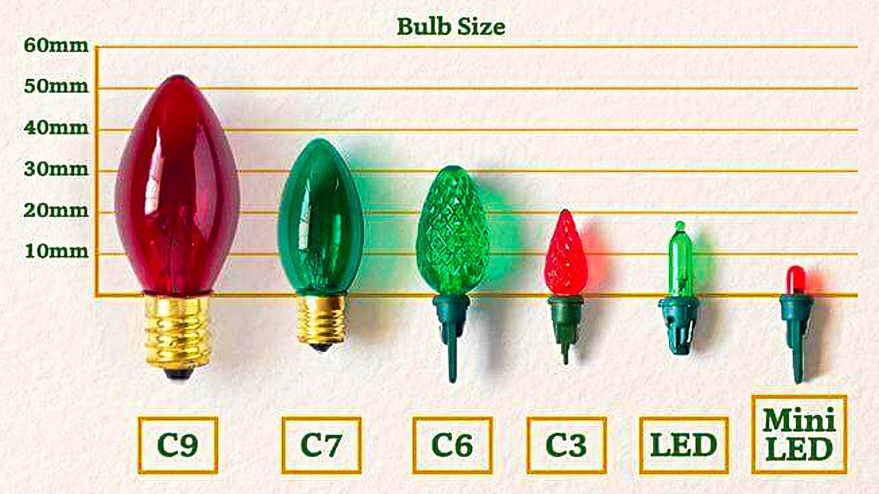 Christmas light bulb size comparison showing C9, C7, C6, C3, LED, and Mini LED bulbs