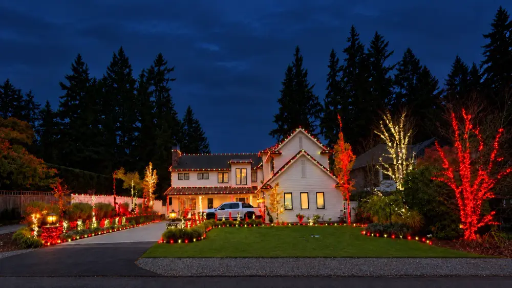 Large custom display with roofline, tree, and landscape lights